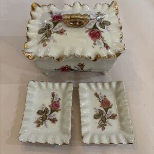 Vtg Tilso Japan Porcelain Trinket Box With Lid Jewelry Box 2 Trays Roses Gold